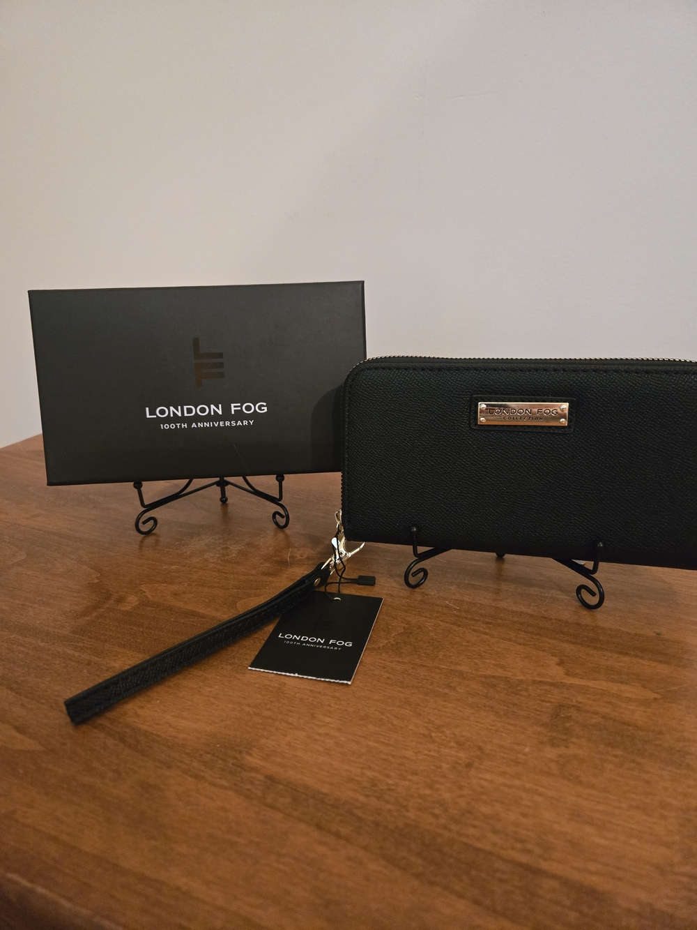London Fog Black Zip-Around Wristlet Wallet with Gold Plaque